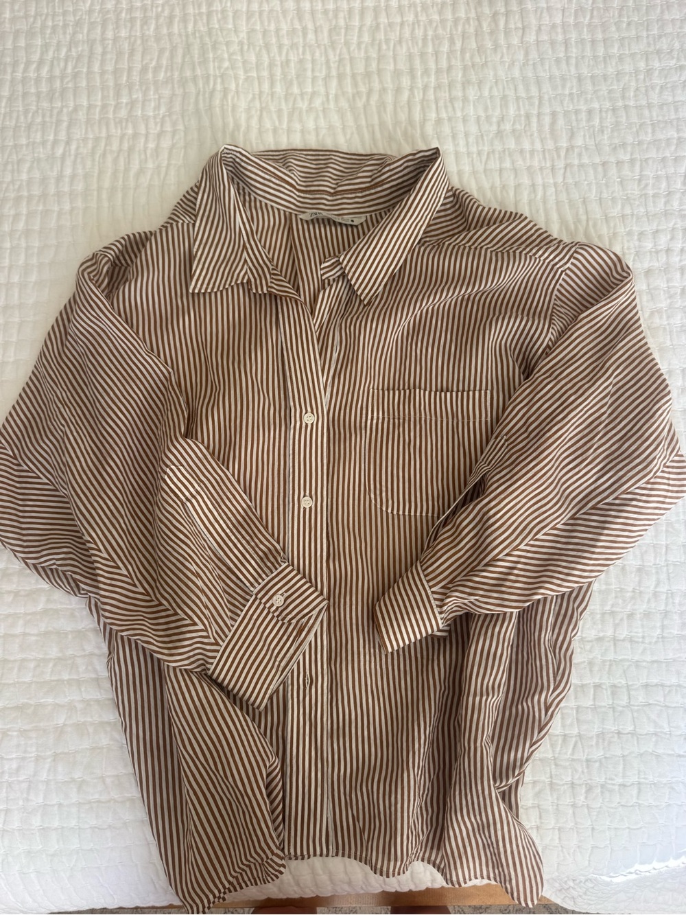 Women’s Brown and White Striped Button-Up Shirt